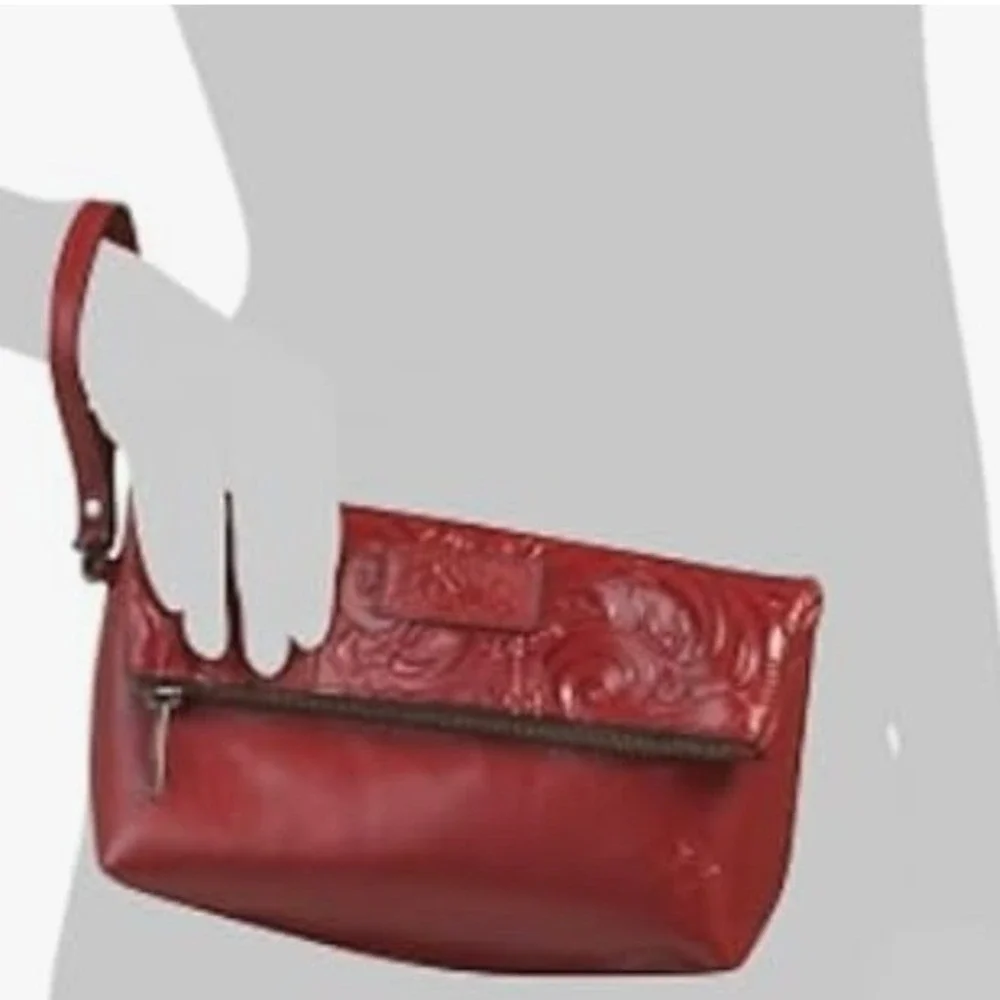Patricia Nash Valerie Fold-over Wristlet Plum Purple Floral Embossed Leather Bag